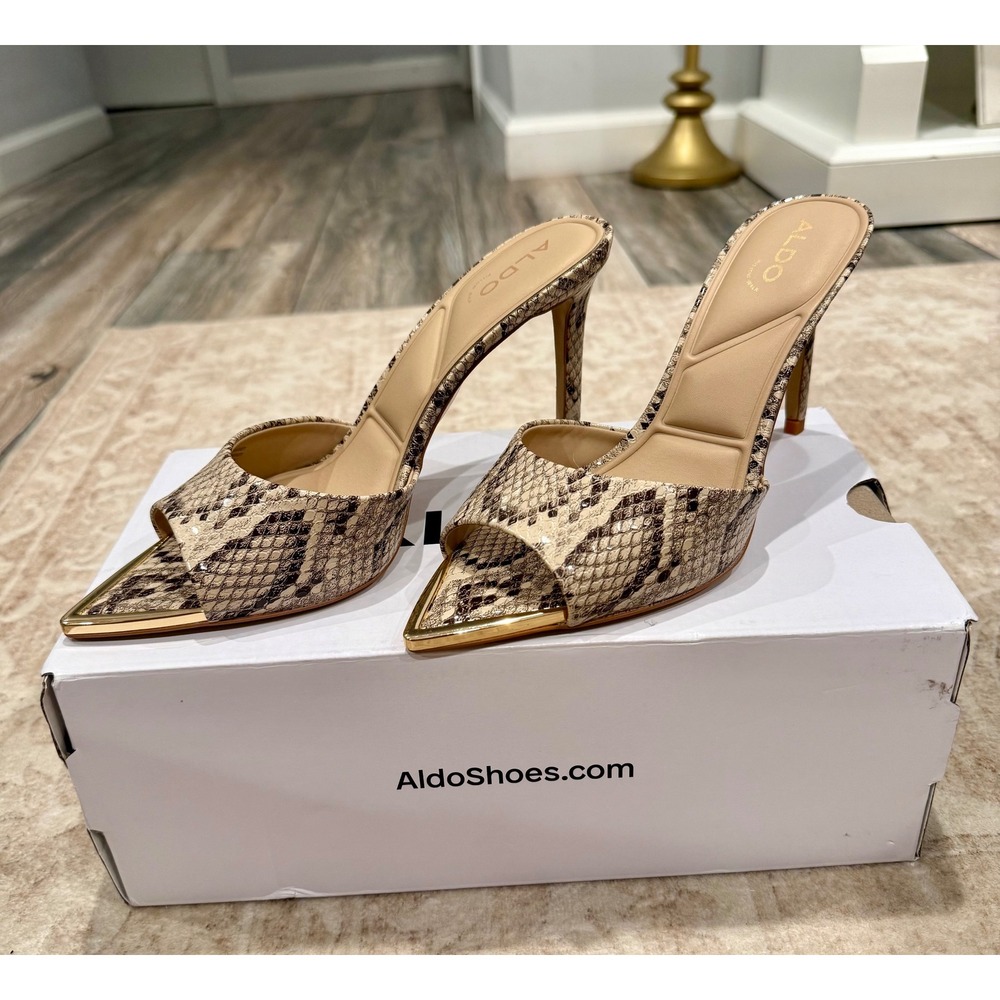 Aldo Stessy Snake Print Pointed Toe Heeled Mules Sandals Gold Tip Neutral 8.5